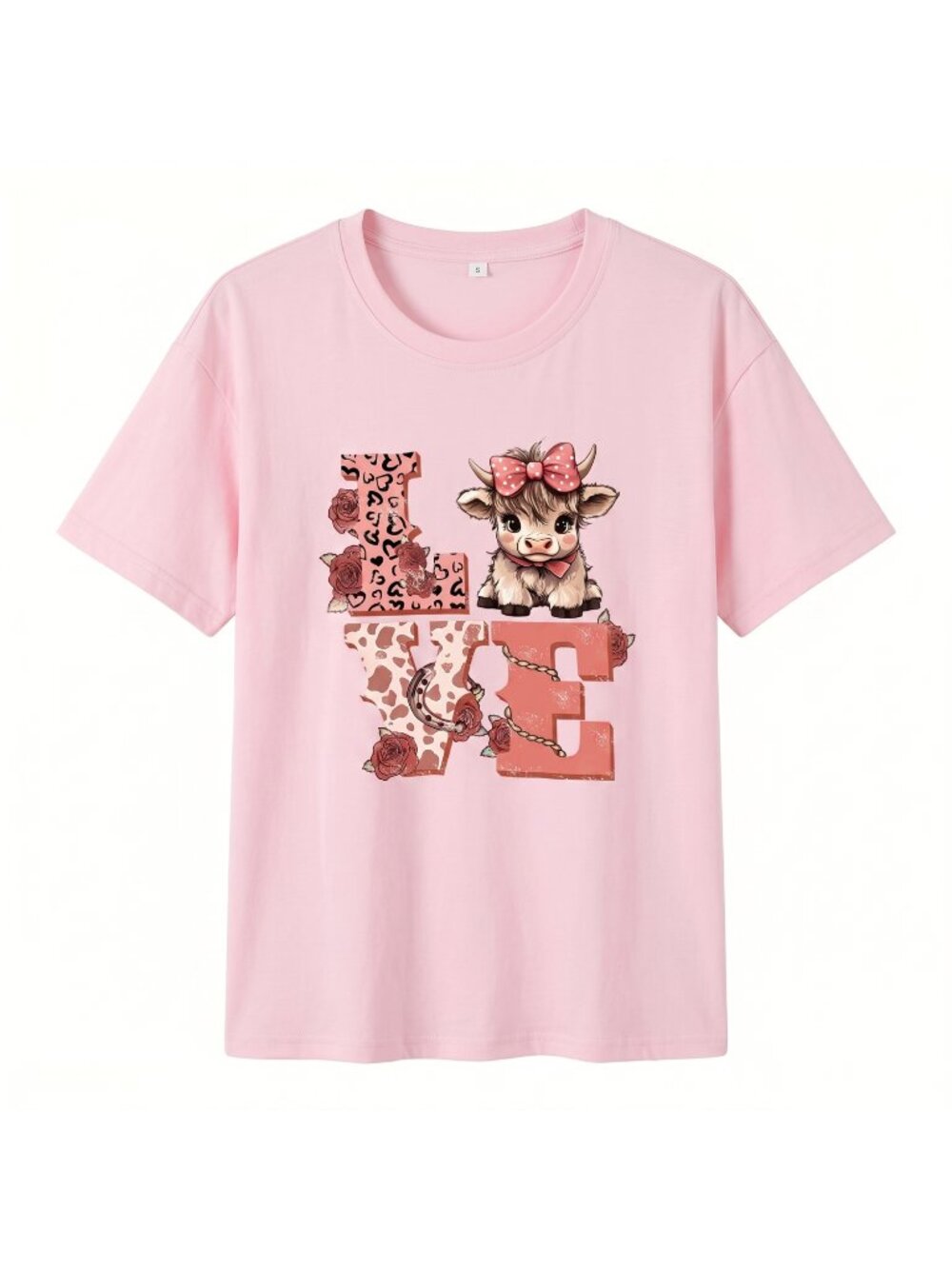 NWOT | "LOVE" Highland Cow Leopard Floral Graphic Pink Short Sleeve Tee | Small